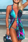 Stripe Abstract Print 3pcs Swimsuit with Cover Up
