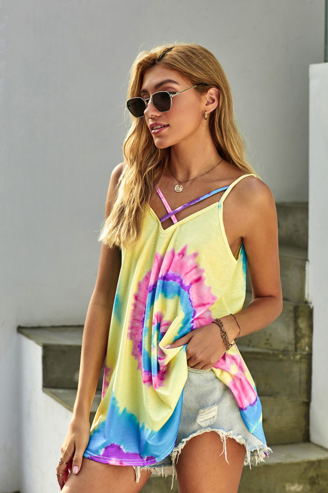 Tie Dye Strappy Crossed Neckline Tank Top