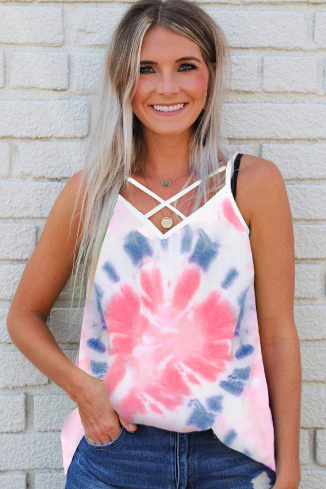 Tie Dye Strappy Crossed Neckline Tank Top