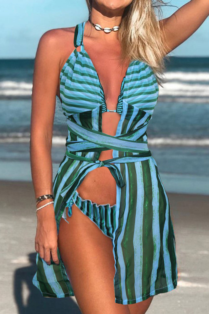 Stripe Abstract Print 3pcs Swimsuit with Cover Up