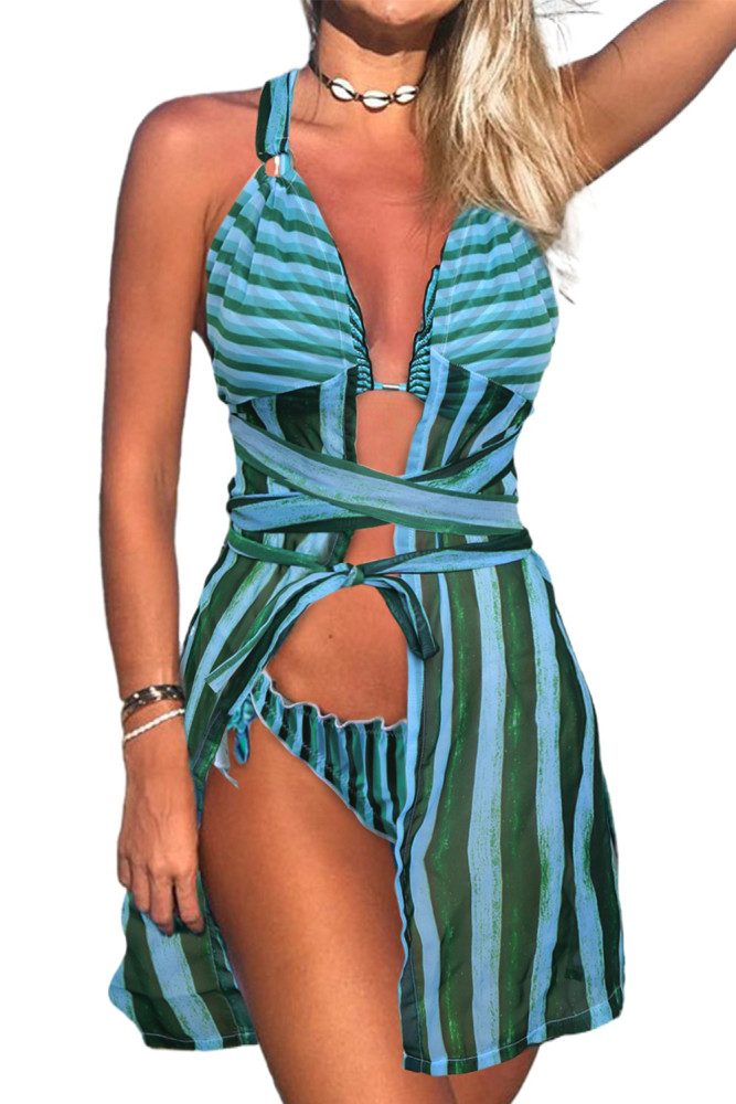Stripe Abstract Print 3pcs Swimsuit with Cover Up