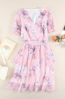 Womens Wrap V Neck Tiered Ruffle Floral Dress