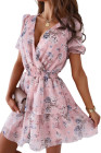 Womens Wrap V Neck Tiered Ruffle Floral Dress