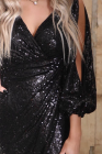 Women Black Sequin Evening Dress V Neck Split Sleeve Maxi Dress