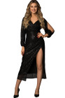 Women Black Sequin Evening Dress V Neck Split Sleeve Maxi Dress