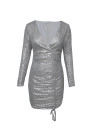 Women's Sexy Sequin Mini Dress Deep V Neck Ruched Long Sleeve Dress