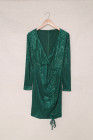 Women's Sexy Sequin Mini Dress Deep V Neck Ruched Long Sleeve Dress