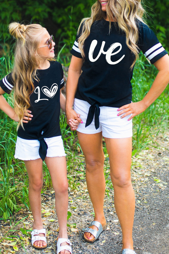 Parent-child Matching Kids T Shirt Summer Love Letter Print Shirt with Knot