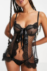 Womens Lingerie Polka Dot Mesh Lace Tie Knot Babydoll Set