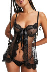 Womens Lingerie Polka Dot Mesh Lace Tie Knot Babydoll Set