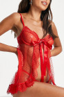 Womens Lingerie Polka Dot Mesh Lace Tie Knot Babydoll Set
