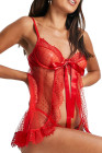 Womens Lingerie Polka Dot Mesh Lace Tie Knot Babydoll Set