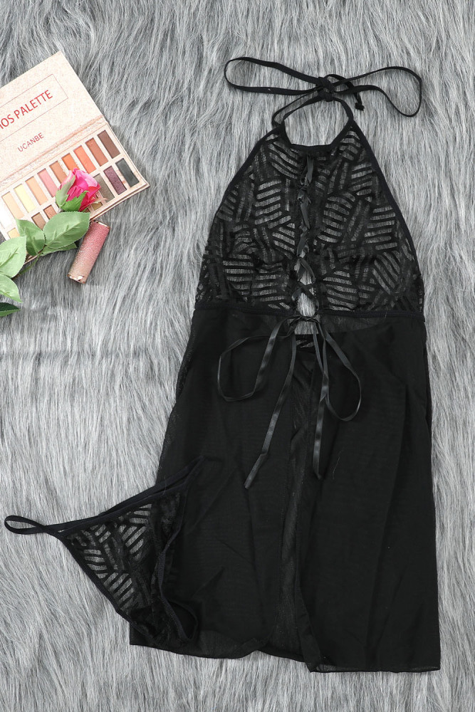 Sexy Lace Up Front Mesh Babydoll Set for Women