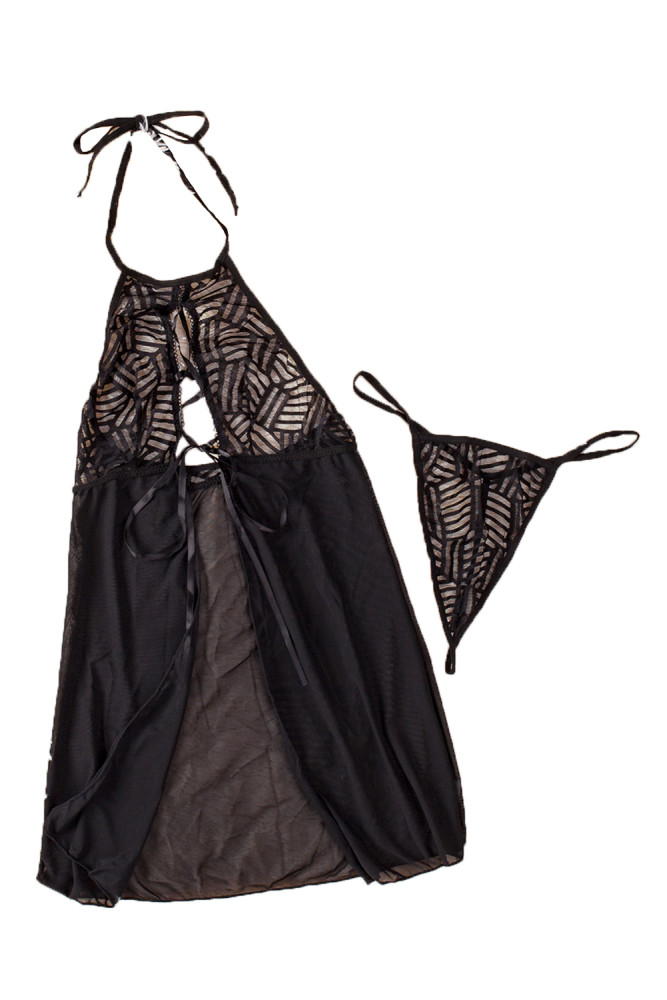 Sexy Lace Up Front Mesh Babydoll Set for Women