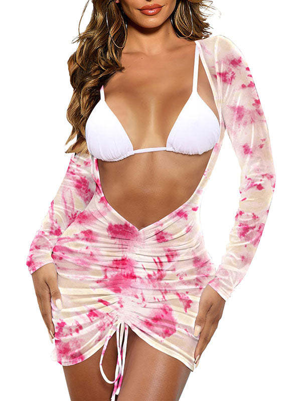 Long Sleeve Sheer Mesh Ruched Beach Dresses Cover Ups for Women