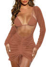 Long Sleeve Sheer Mesh Ruched Beach Dresses Cover Ups for Women