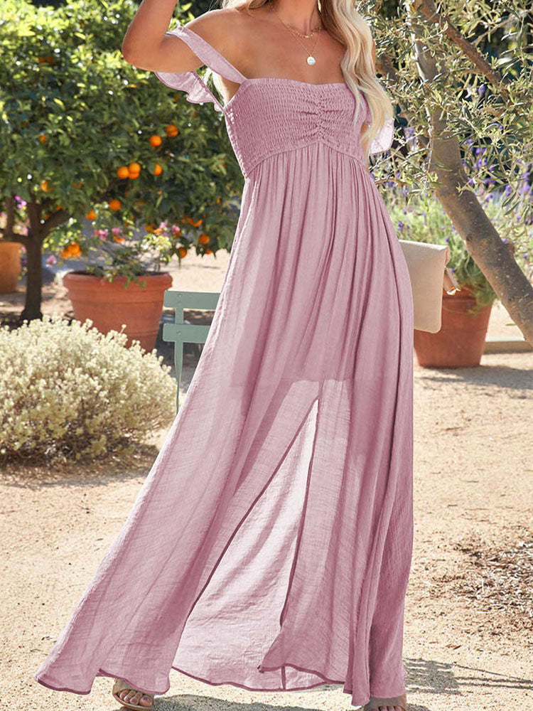 Laides Maxi Dress Off the Shoulder Smocked Dress with Slit