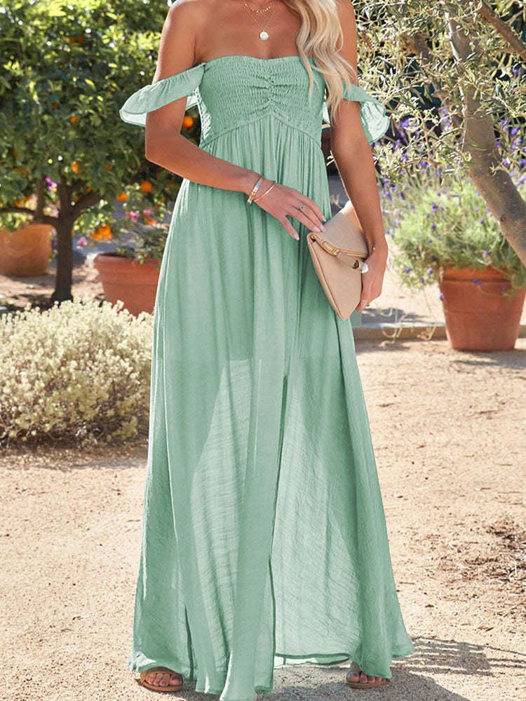Laides Maxi Dress Off the Shoulder Smocked Dress with Slit