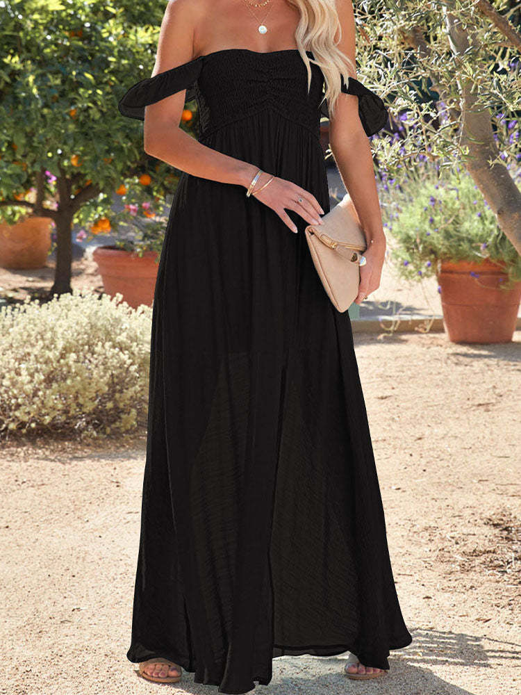 Laides Maxi Dress Off the Shoulder Smocked Dress with Slit