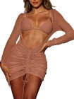 Long Sleeve Sheer Mesh Ruched Beach Dresses Cover Ups for Women