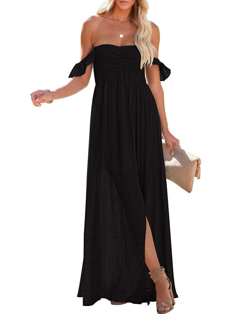 Laides Maxi Dress Off the Shoulder Smocked Dress with Slit