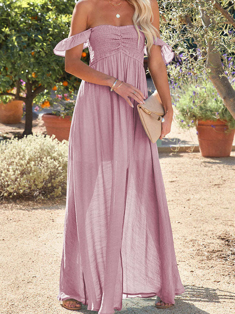 Laides Maxi Dress Off the Shoulder Smocked Dress with Slit