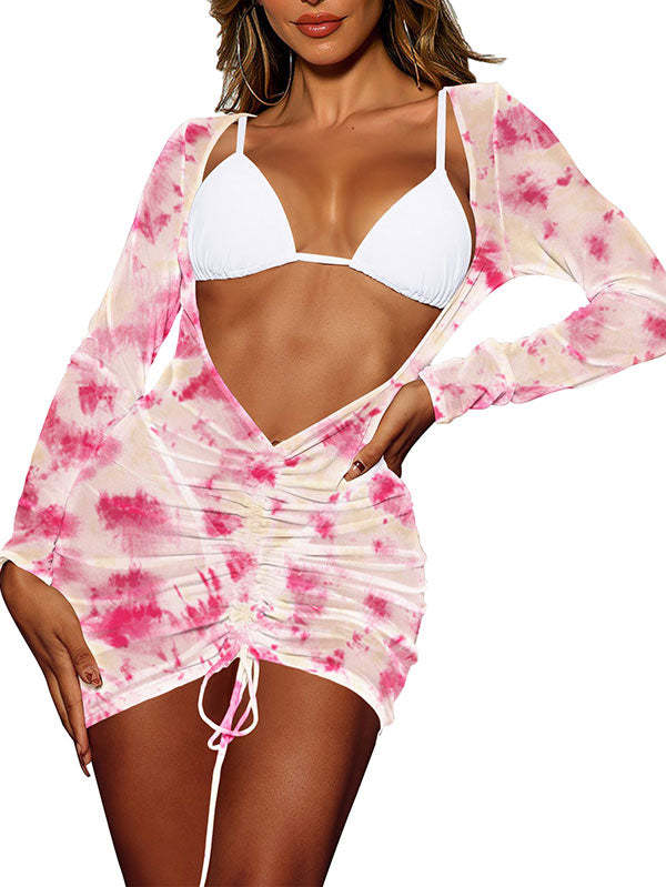 Long Sleeve Sheer Mesh Ruched Beach Dresses Cover Ups for Women