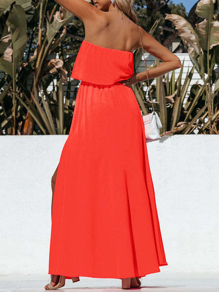 Womens Strapless Tube Dress Empire Waist Maxi Dress with Slit