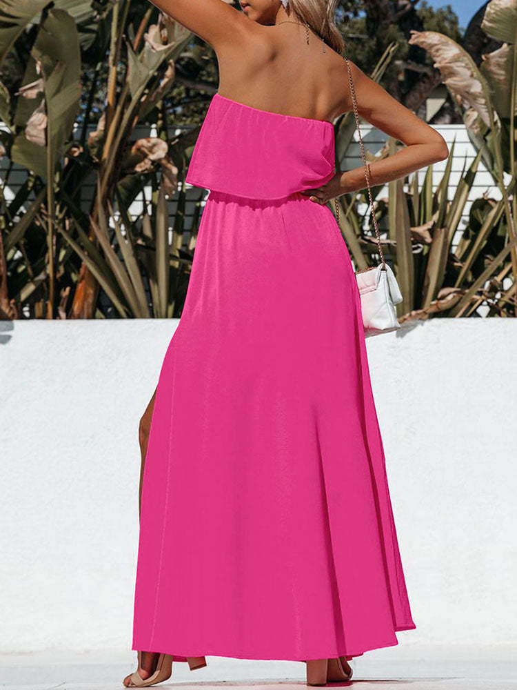 Womens Strapless Tube Dress Empire Waist Maxi Dress with Slit