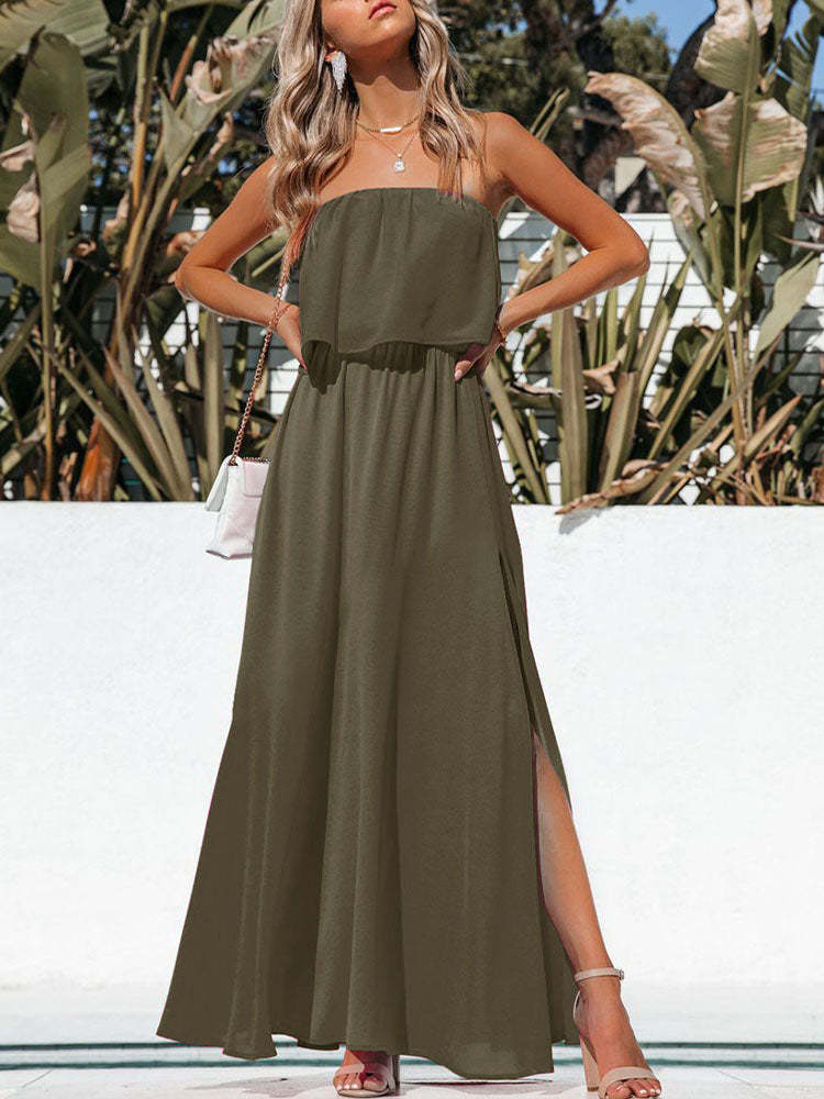 Womens Strapless Tube Dress Empire Waist Maxi Dress with Slit