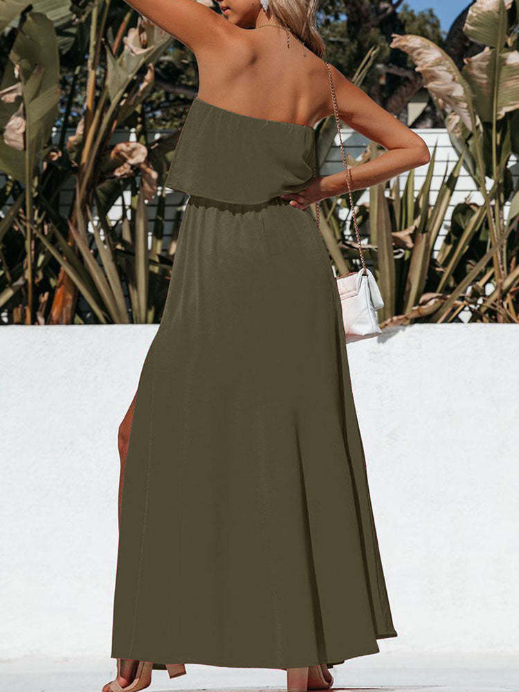 Womens Strapless Tube Dress Empire Waist Maxi Dress with Slit