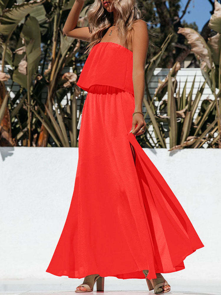 Womens Strapless Tube Dress Empire Waist Maxi Dress with Slit