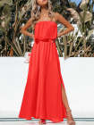 Womens Strapless Tube Dress Empire Waist Maxi Dress with Slit