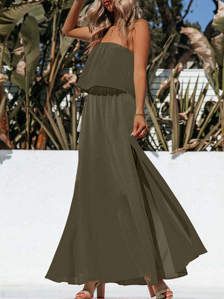 Womens Strapless Tube Dress Empire Waist Maxi Dress with Slit