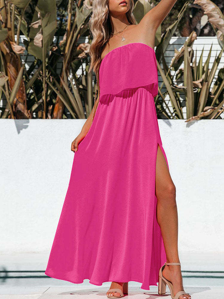 Womens Strapless Tube Dress Empire Waist Maxi Dress with Slit