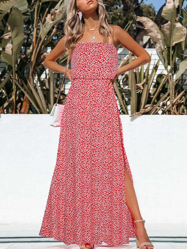 Womens Strapless Tube Dress Empire Waist Maxi Dress with Slit