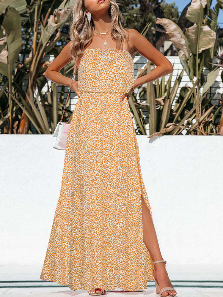 Womens Strapless Tube Dress Empire Waist Maxi Dress with Slit