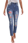 Womens Floral Mid Waist Distressed Jeans