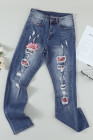 Womens Floral Mid Waist Distressed Jeans