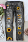 Sunflower Print Jeans for Women Ripped Denim Pants