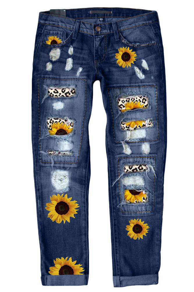 Sunflower Print Jeans for Women Ripped Denim Pants