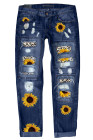 Sunflower Print Jeans for Women Ripped Denim Pants