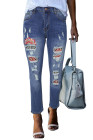 Womens Floral Mid Waist Distressed Jeans