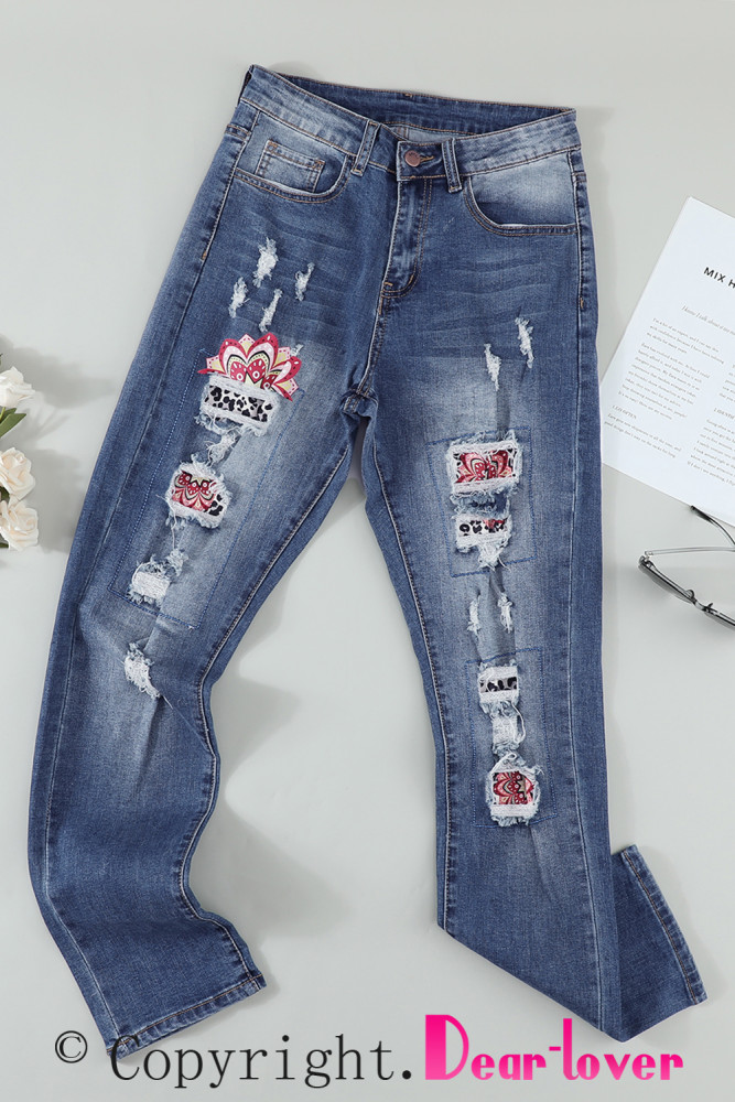 Womens Floral Mid Waist Distressed Jeans