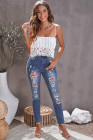 Womens Floral Mid Waist Distressed Jeans