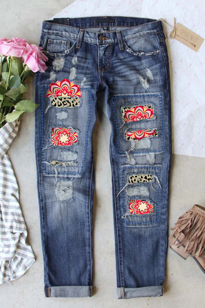 Womens Floral Mid Waist Distressed Jeans