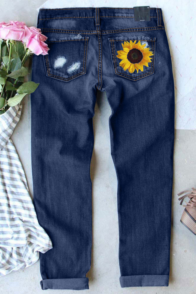 Sunflower Print Jeans for Women Ripped Denim Pants