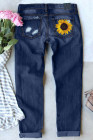 Sunflower Print Jeans for Women Ripped Denim Pants