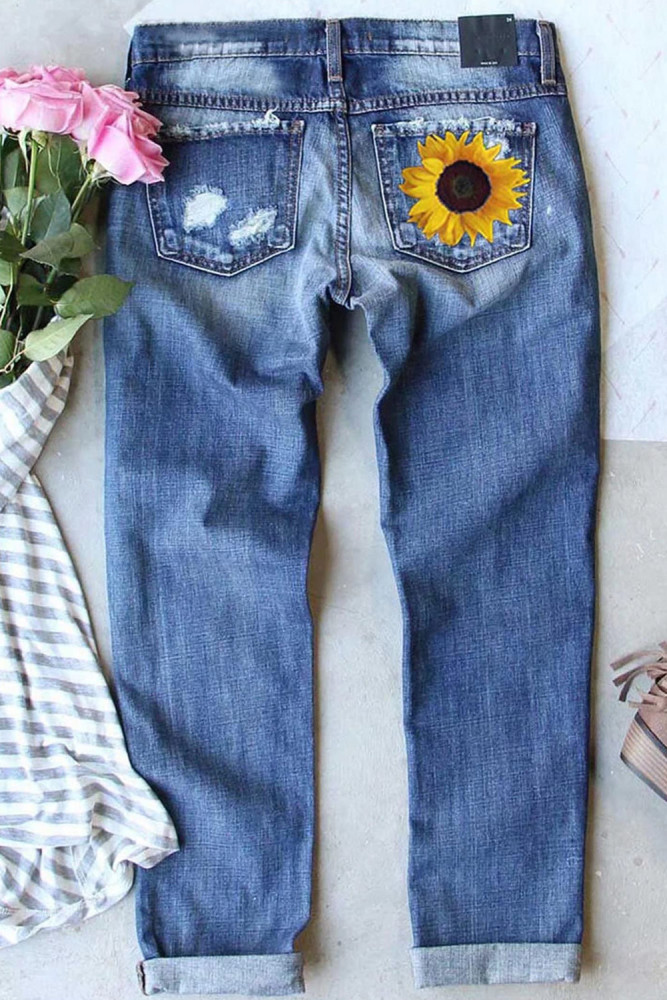 Sunflower Print Jeans for Women Ripped Denim Pants