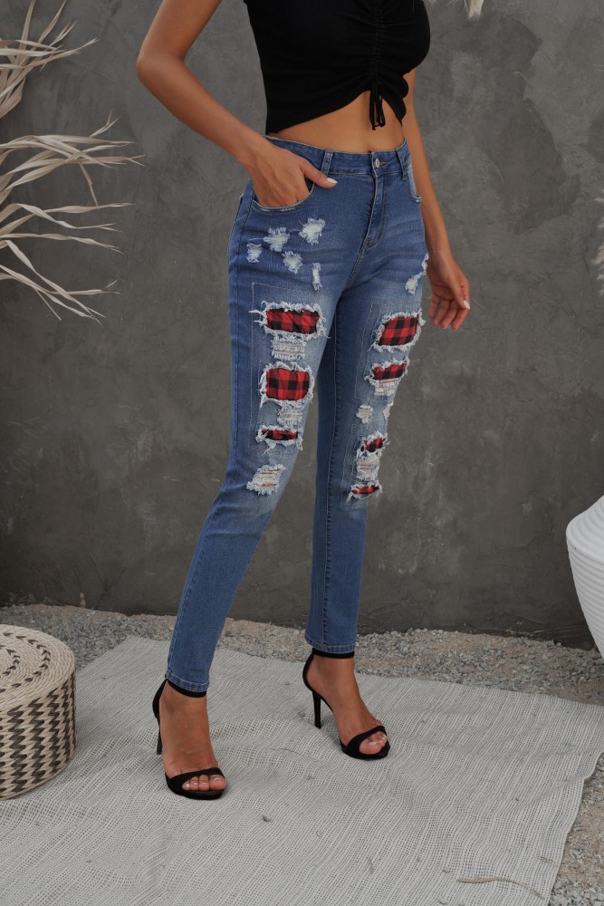 Womens Buffalo Plaid Jeans Distressed Long Pants